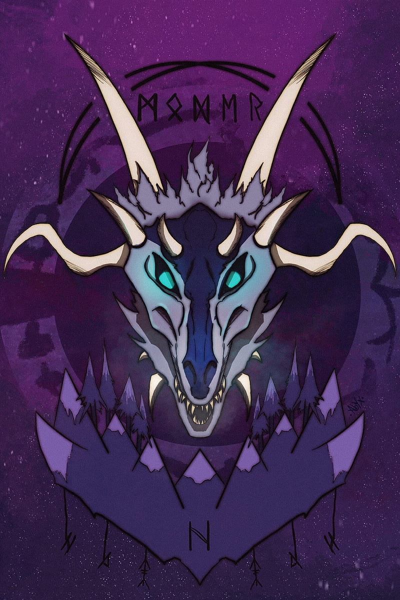 skull, horns, runes, art, purple, scary, HD phone wallpaper