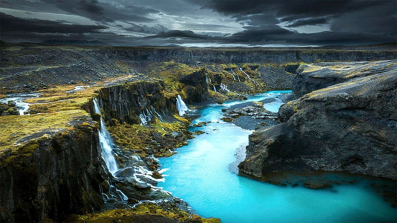Highlands, Iceland, clouds, sky, landscape, hills, waterfall, river, HD wallpaper