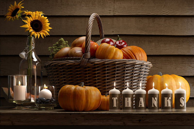 Thanksgiving, Fall, bottle, bread, vase, still life, fruit, stones, sunflowers, table, apples, thanks, candles, glass, basket, melon, Autumn, pumpkins, HD wallpaper