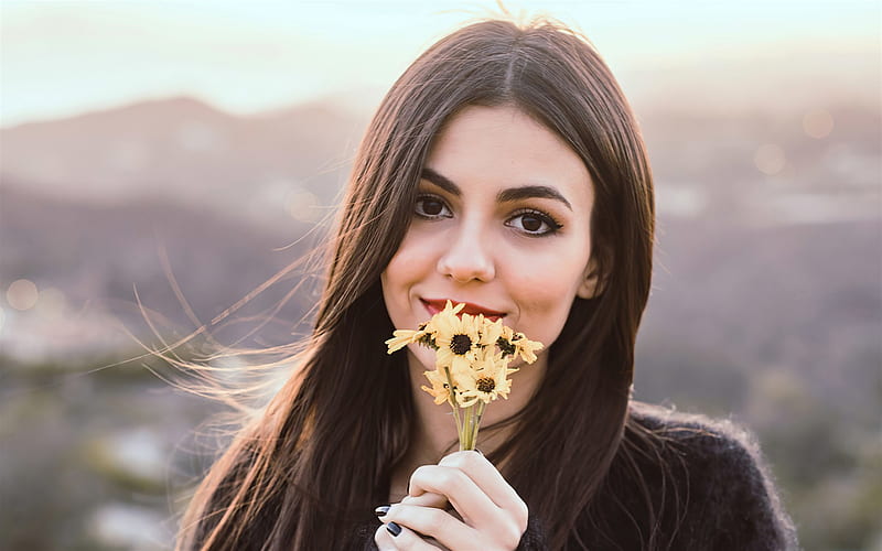 Victoria Justice, american actress, portrait, hoot, woman with flower, HD wallpaper