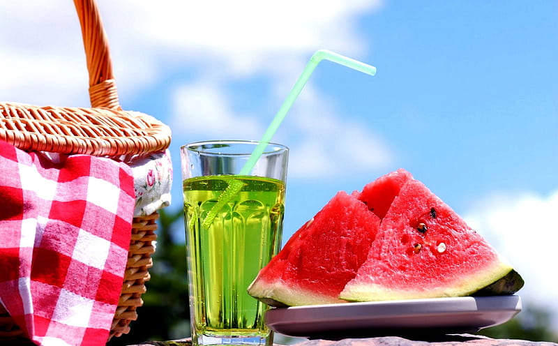 SUMMER PICNIC, tube, water, basket, watermelon, summer, drink, picnic, HD wallpaper
