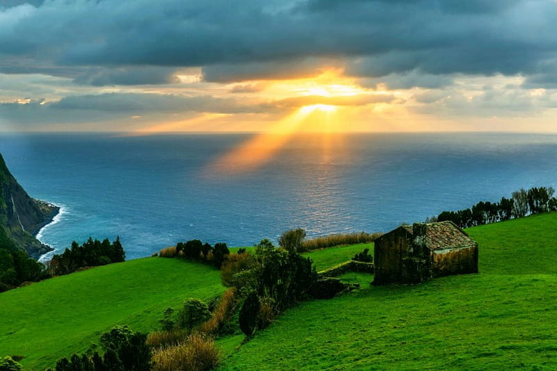 Morning Light In Azores Islands, hut, bonito, trees, sky, clouds, sea, sunrays, cliff, green grass, sunrise, island, HD wallpaper