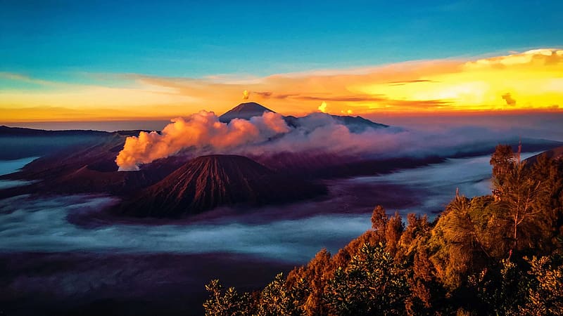 Mount Bromo sunrise viewpoint, Indonesia, morning, autumn, trees, landscape, clouds, colors, mountains, rocks, HD wallpaper