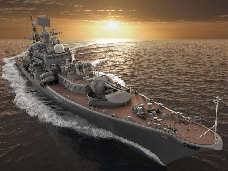 Cruising Destroyer, military, sunset, ship, ocean, HD wallpaper