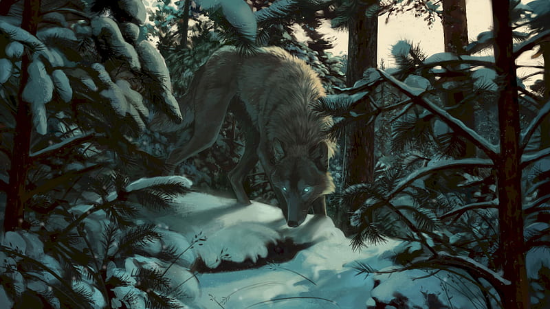 wolf, forest, snow, art, predator, trees, HD wallpaper