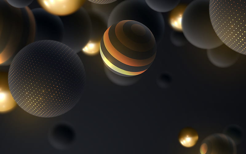 black 3D spheres, black backgrounds, black balls, 3d balls, spheres, geometry, background with spheres, 3D art, geometric shapes, spheres backgrounds, HD wallpaper