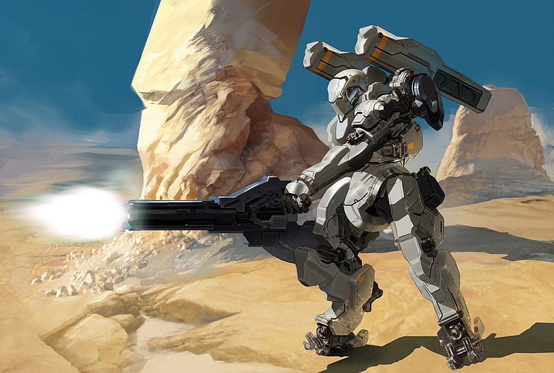 mech, rock formations, sand, firing, blue sky, weapon, robot, HD wallpaper