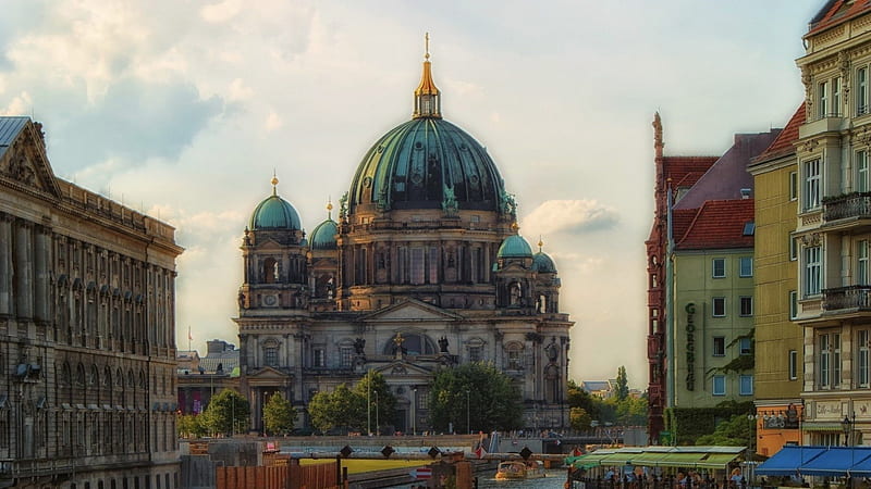 beautiful berlin cathedral, dome, cathedral, city, river, HD wallpaper