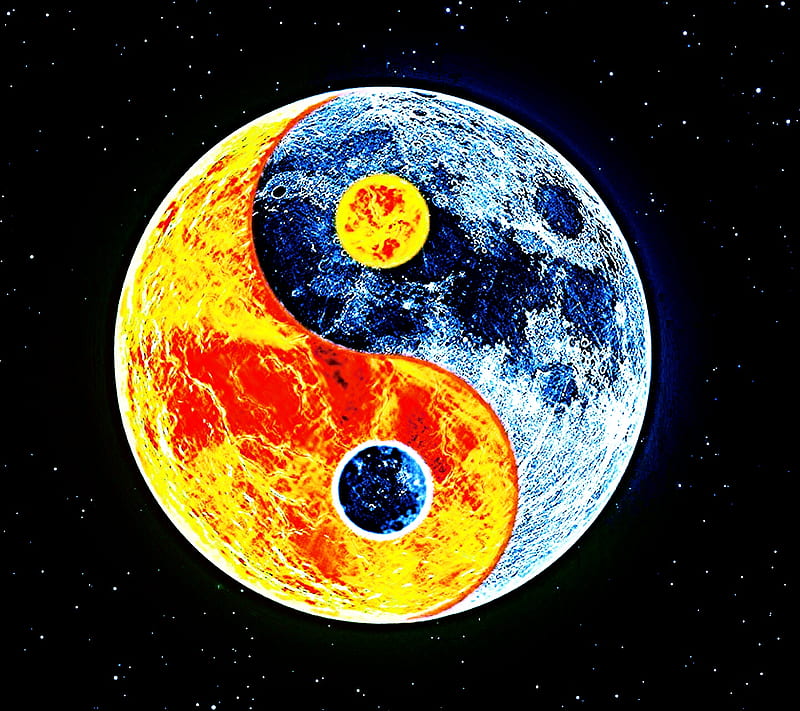 Ying Yang, blue, moon, red, space, HD wallpaper