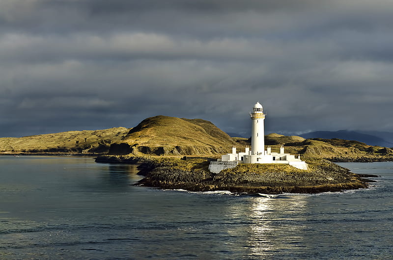 lighthouse, island, sea, shore, water, HD wallpaper
