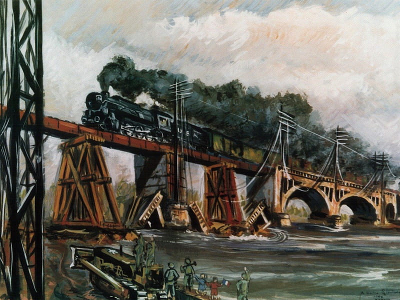 Crossing, steam train, steam, boat, water, train, arch, bridge, people, smoke, HD wallpaper