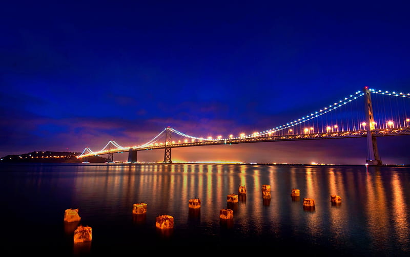 San Francisco, oceans, bridges, bonito, sky, lights, water, usa, golden gate bridge, nature, reflection, night, HD wallpaper