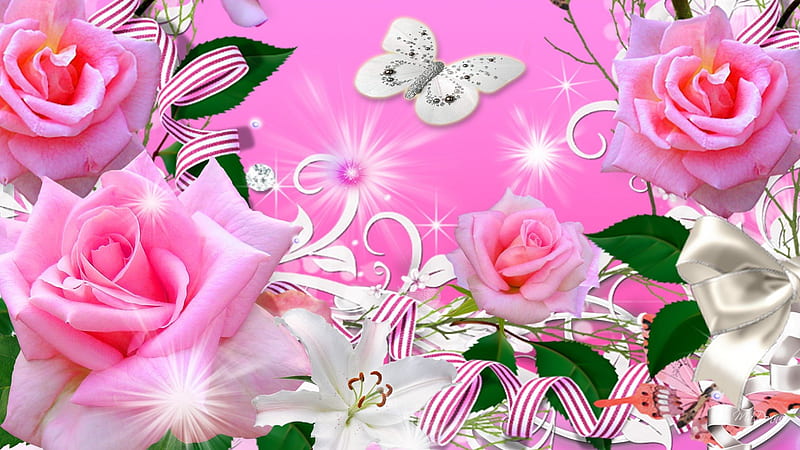 A Rose So Pink, rose, spring, ribbons, leaves, butterfly, bright, summer, flowers, lily, pink, HD wallpaper