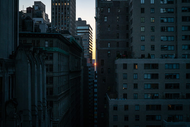 sunset, buildings, city, light, new york, usa, HD wallpaper
