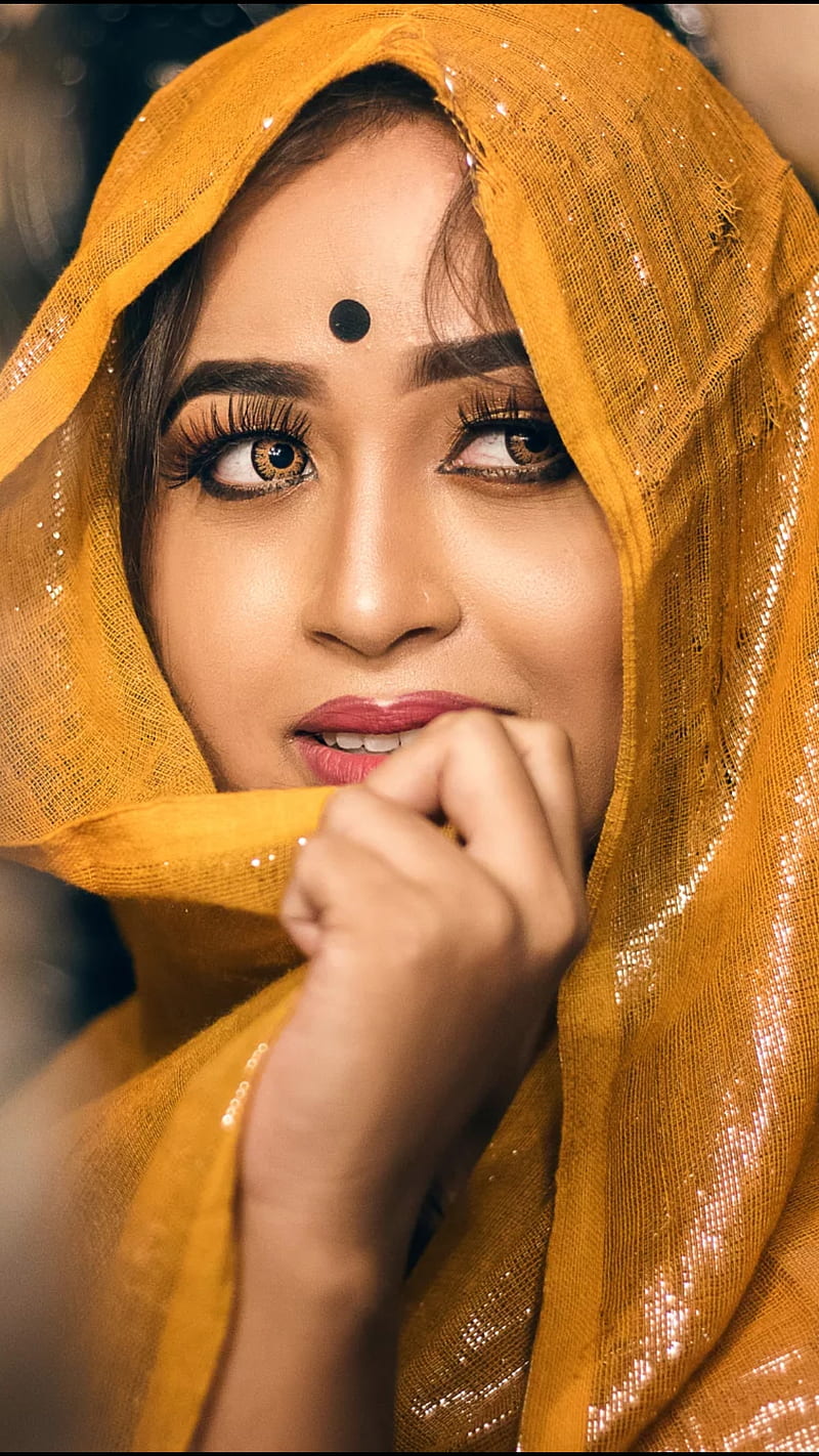 Indian beauty, bonito, bollywood, brown eyes, hijab, married, orange, woman, HD phone wallpaper