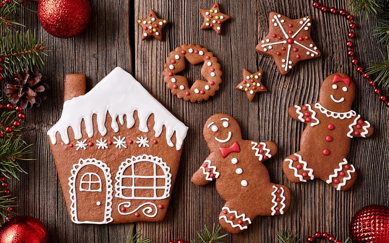 Merry Christmas!, deco, house, craciun, christmas, food, sweet, dessert, card, cookies, gingerbrad, wood, HD wallpaper