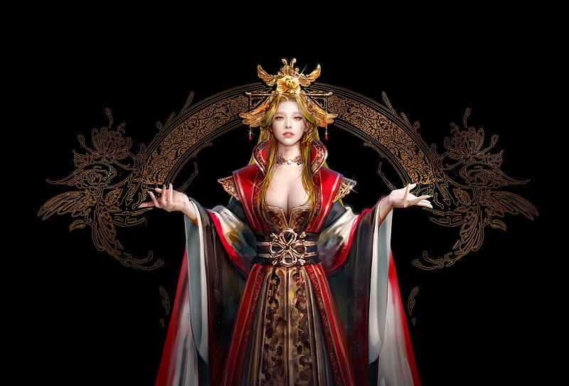 The empress, red, songhee g, fantasy, luminos, asina, girl, black, empress, HD wallpaper