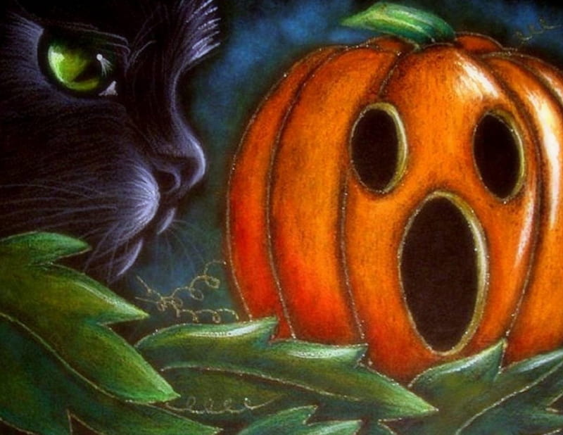 Face-to-Face, holiday, halloween, love four seasons, cute, paintings, black cat, pumpkin, cats, animals, HD wallpaper