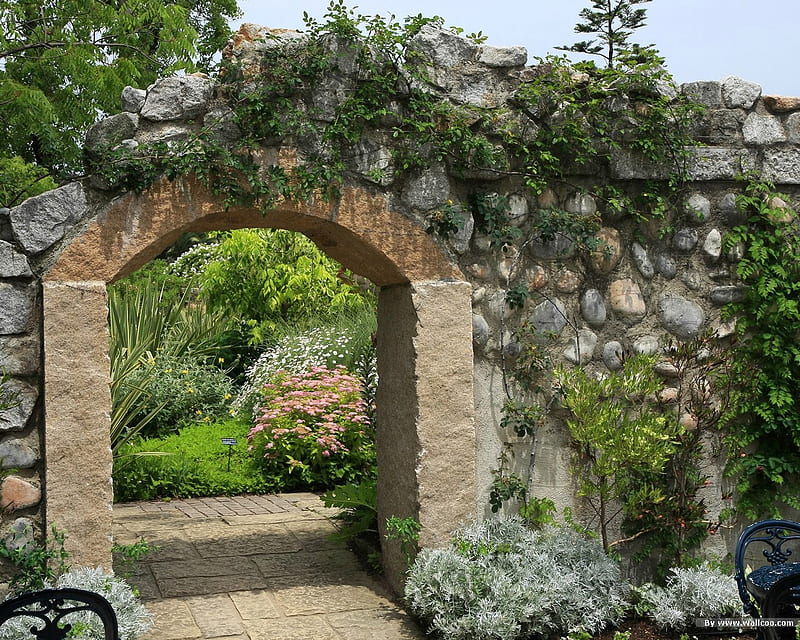 Japanese Garden Gate with Flowers, flowers, bonito, greens, stone gate, japanese garden, HD wallpaper