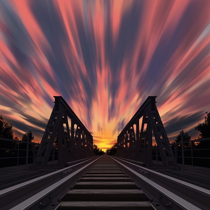rails, railway, bridge, sunset, art, HD phone wallpaper