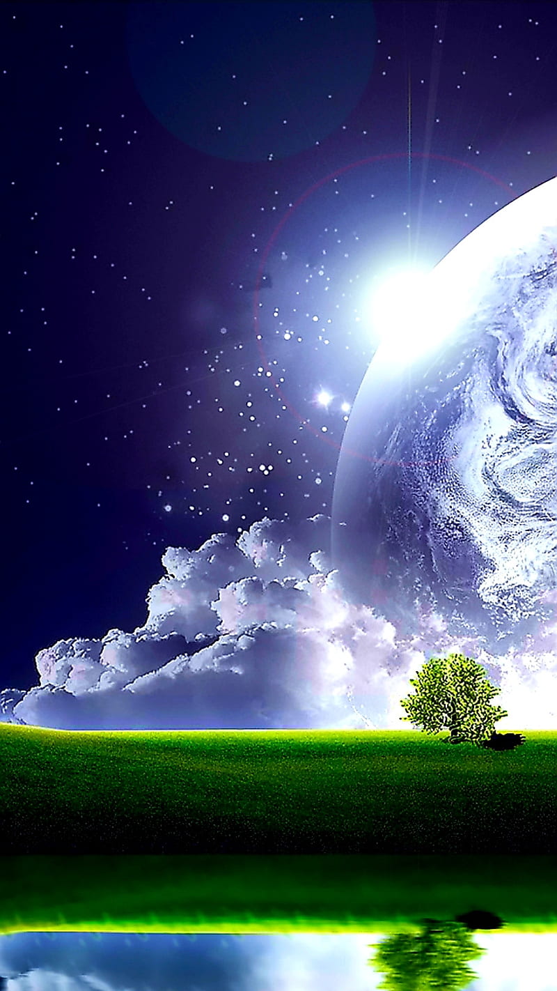 Vibrant Space, cloud, moon, nature, planet, tree, HD mobile wallpaper ...