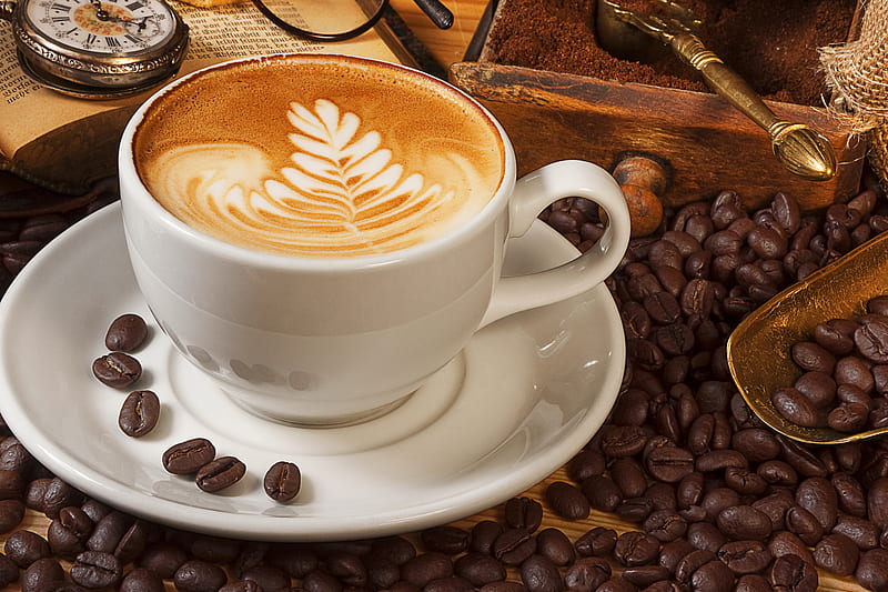 Cafe cappuccino, lovely, fresh, beans, cappuccino, capuchino, coffee beans, nice, watch, coffee, cup, morning, HD wallpaper