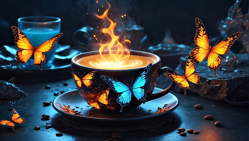 A coffee break, Cup, Butterflies, Coffee, Magic, Art, HD wallpaper