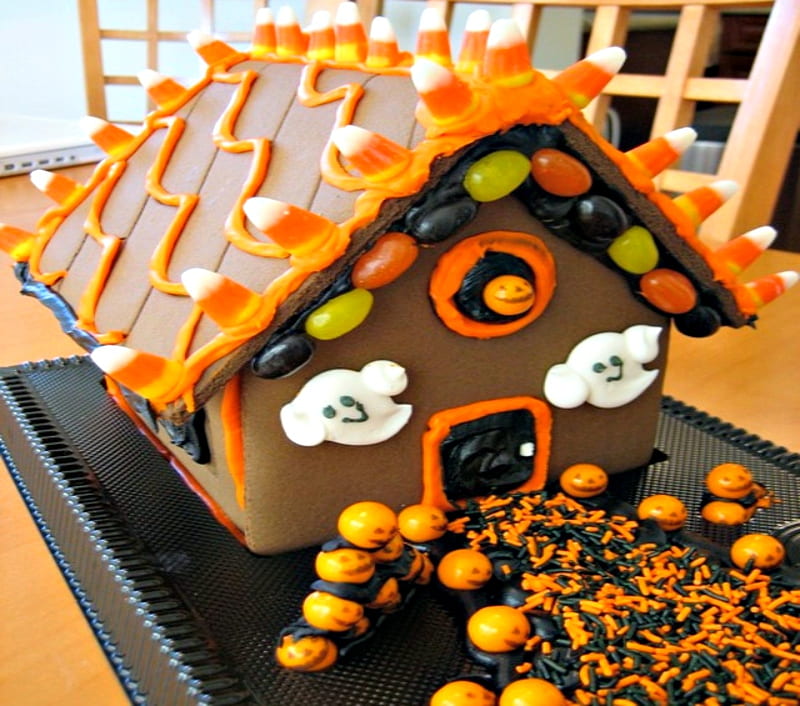 Halloween Gingerbread House, Abstract, Candy, Ghosts, Halloween, graphy, Gingerbread, House, HD wallpaper