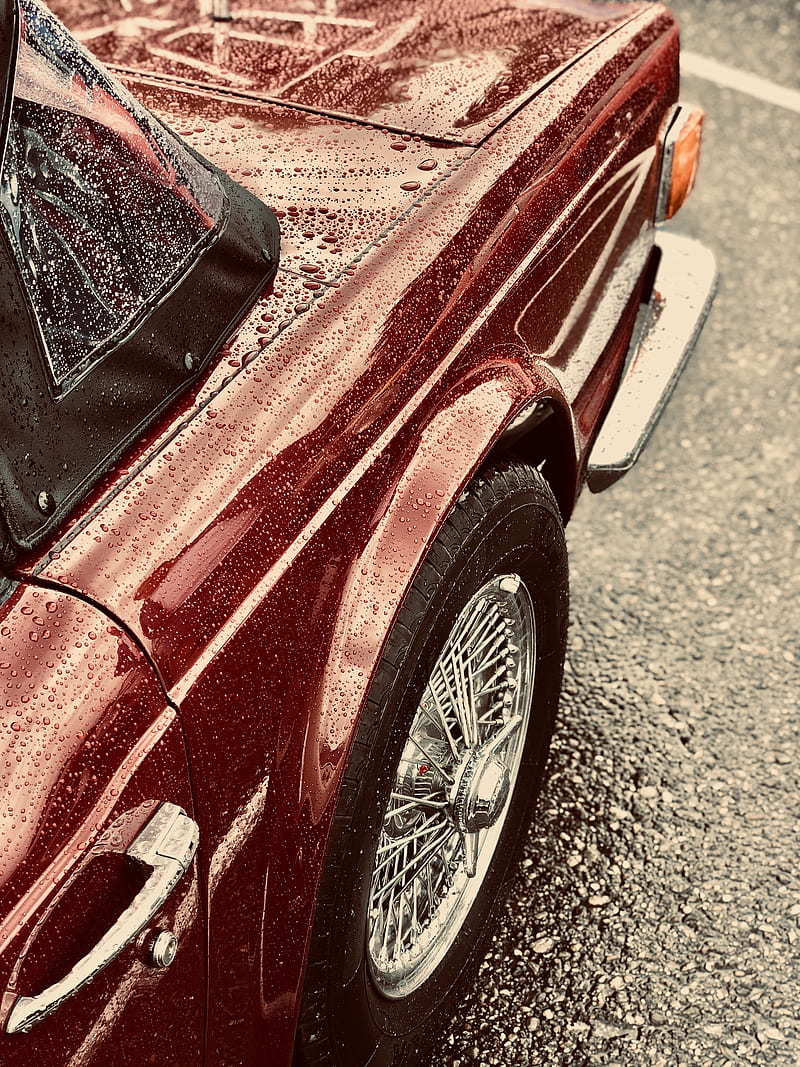 car, red, wet, wheel, chrome, HD phone wallpaper