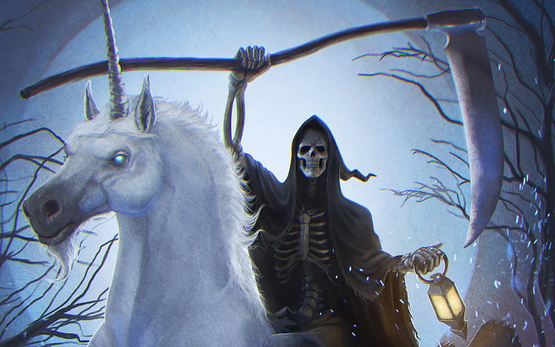 Death rides an unicorn, black, deat, blue, lantern, moon, halloween, unicorn, fantasy, moon, sal vador thedarkcloak, tdc, white, HD wallpaper