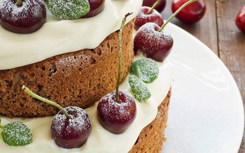 Cherry Cake, cake, delicious, food, cream, dessert, sweet, cherry, HD wallpaper
