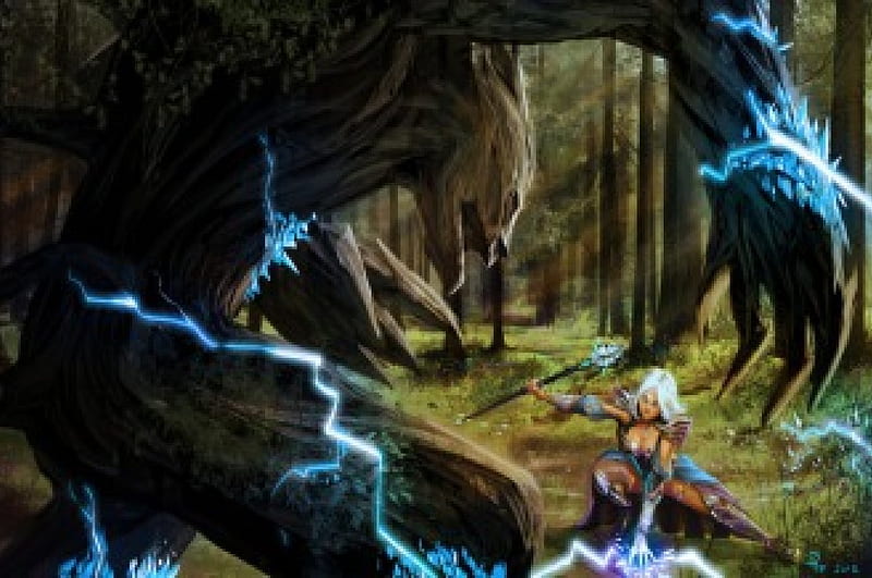 Mage vs Ent, forest, lighting, Ent, ice, mage, HD wallpaper
