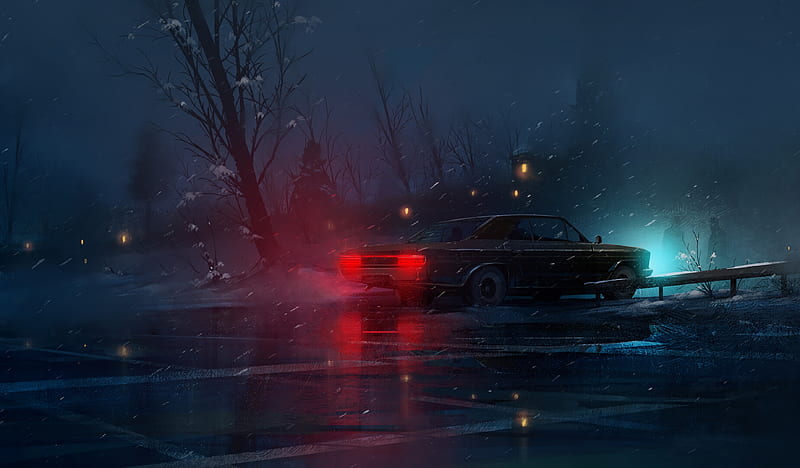 car, night, snow, light, HD wallpaper