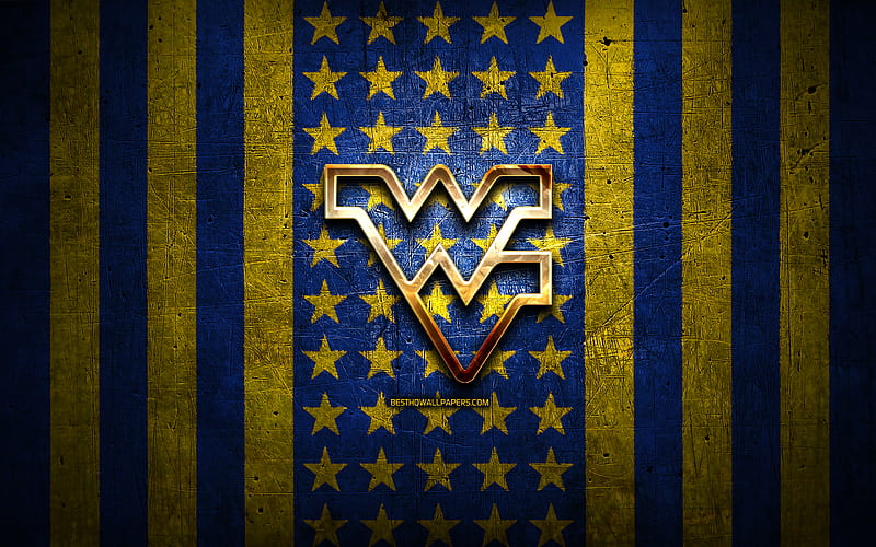 West Virginia Mountaineers flag, NCAA, yellow blue metal background, american football team, West Virginia Mountaineers logo, USA, american football, golden logo, West Virginia Mountaineers, HD wallpaper