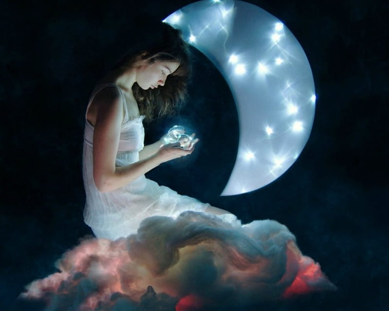 Dreamer, sparks, moon, clouds, woman, HD wallpaper