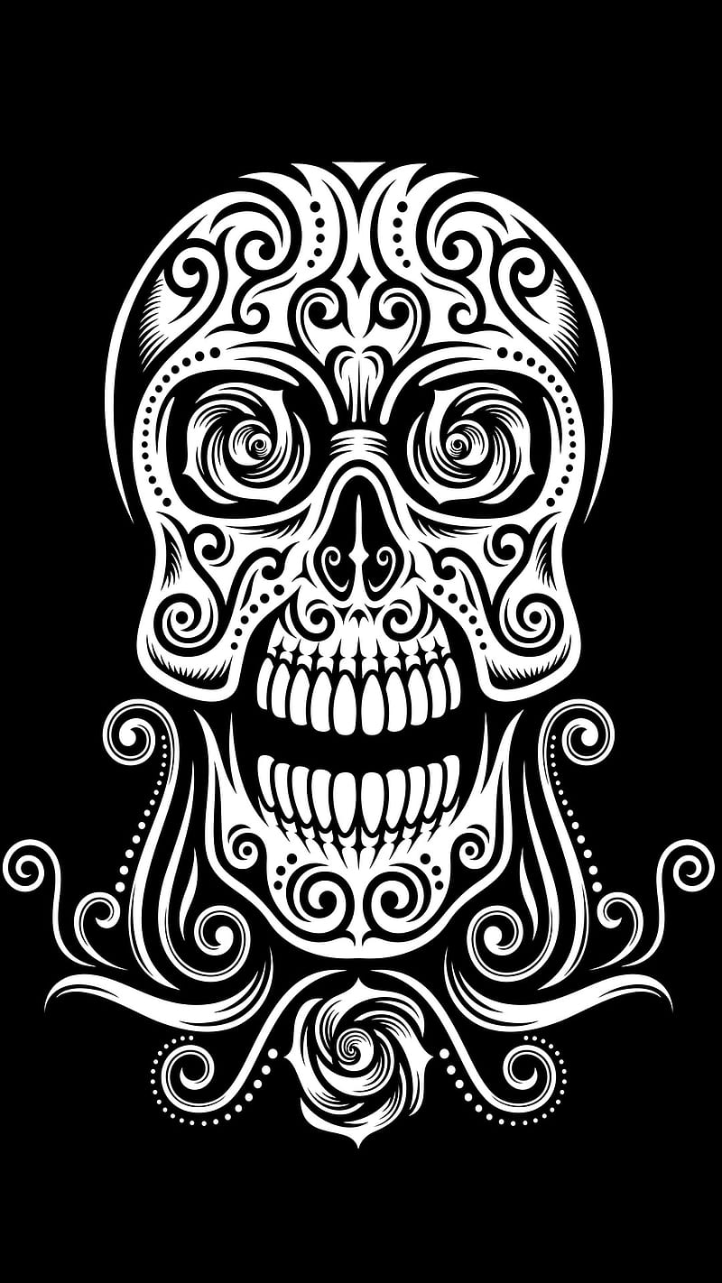 Tribal Skull, abstract, black, desenho, tattoo, vector, HD phone wallpaper
