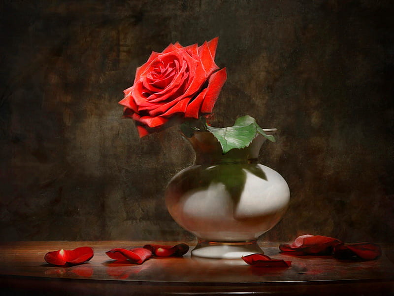 Single Red Rose, table, red, rose, vase, petals, HD wallpaper