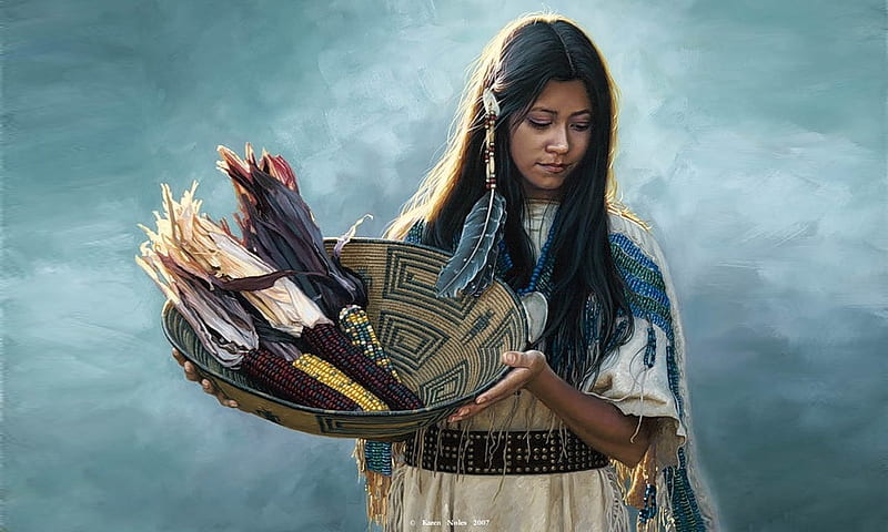 Native Girl, harvest, Artwork by Karen Nolan, corn, indigenous, Native American, HD wallpaper
