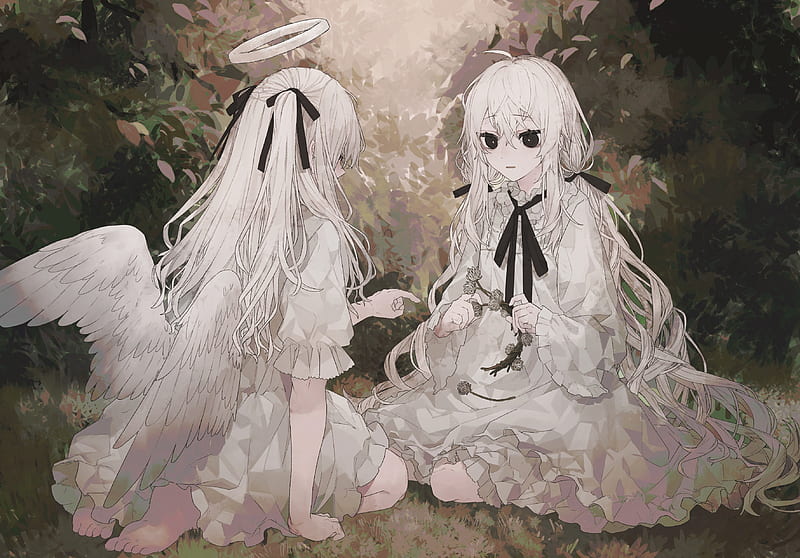 lolita, anime angel girls, white dress, sit, wings, long hair, black eyes, Anime, HD wallpaper