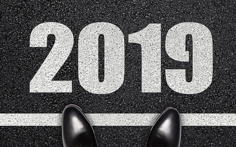 2019 year, business concepts, start of the year, businessman on the line, 2019 concepts, 2019 business concepts, New business year, start 2019, asphalt texture, road sign, HD wallpaper