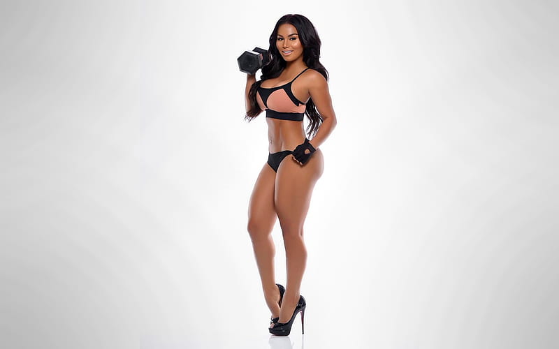 Dolly Castro, weight, model, brunette, high heels, simple background, fitness, HD wallpaper