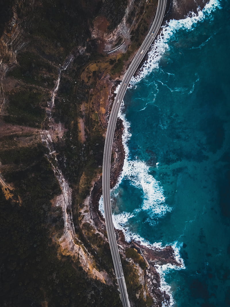 rocks, sea, road, aerial view, HD phone wallpaper