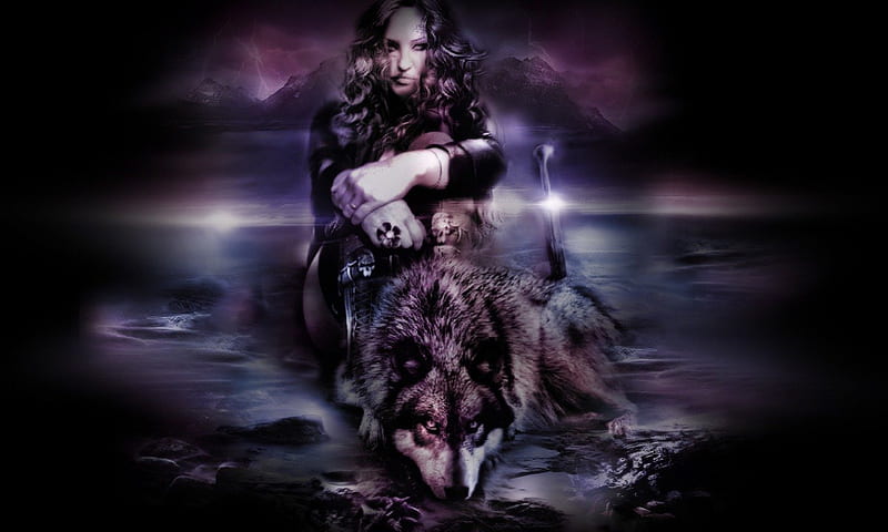 wild wolf of the mystic sea, rocks, shore, ose, orb, beach, fantasy, amazing , calm, gothic, lands, sword, water, nexus , tranquil, purple, mountains, waiting, wolf , fantasy pure shores, lost, new, seascape, scifi, wolf, eyes, canada, fantasy , shine, woman, sea, cold, hair, hot, fantsy, strangers, model, tides, lake, popular, nature, princess, skull, HD wallpaper