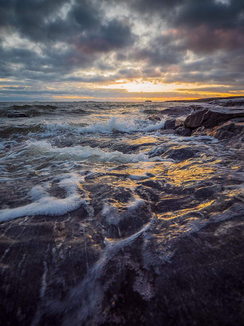 sea, waves, horizon, rocks, sky, HD phone wallpaper
