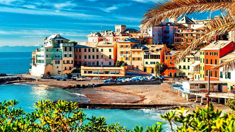 colorful sun drenched seaside town, beach, town, colors, sunshine, sea, HD wallpaper