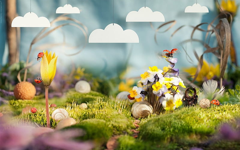 Micro World, fantasy, flowers, garden, beetles, clouds, snails, HD wallpaper