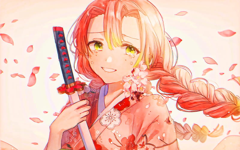 Kanroji Mitsuri, sword, Kimetsu No Yaiba, pink petals, Demon Hunter, artwork, manga, Mitsuri Kanroji, HD wallpaper