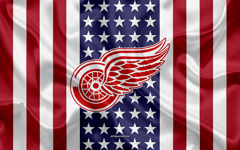 Detroit Red Wings logo, emblem, silk texture, American flag, American hockey club, NHL, Detroit, Michigan, USA, National Hockey League, ice hockey, silk flag, HD wallpaper