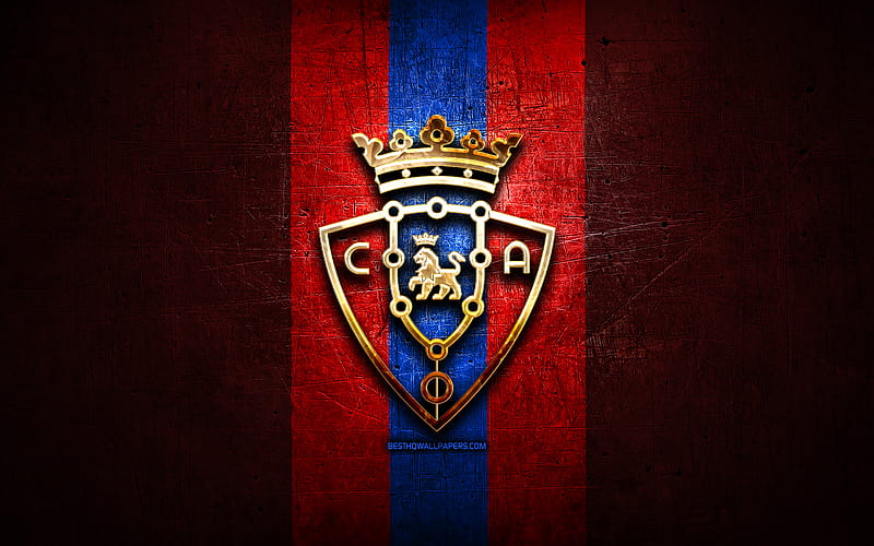 Osasuna, golden logo, La Liga, red metal background, football, CA Osasuna, spanish football club, Osasuna logo, soccer, LaLiga, Spain, HD wallpaper