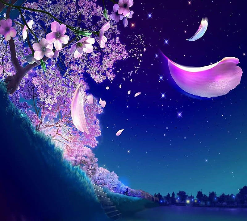 Fantasy scene, blue, purple, tree, feather, HD wallpaper
